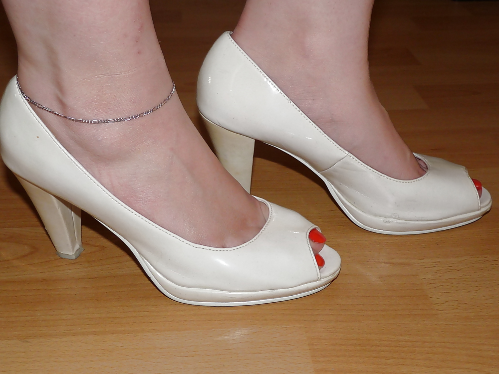 Wifes white patent lack peep toes colored nails #17694179