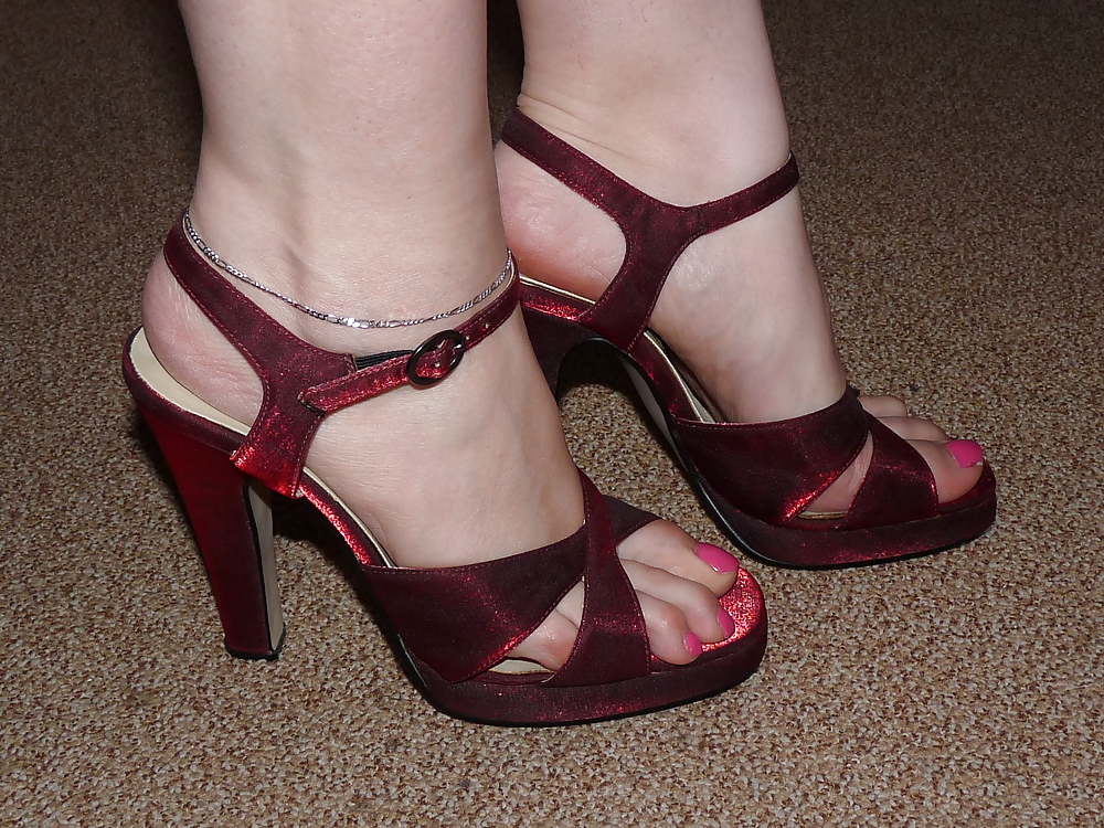 Wifes red satin sandals heels pink nails #18124947
