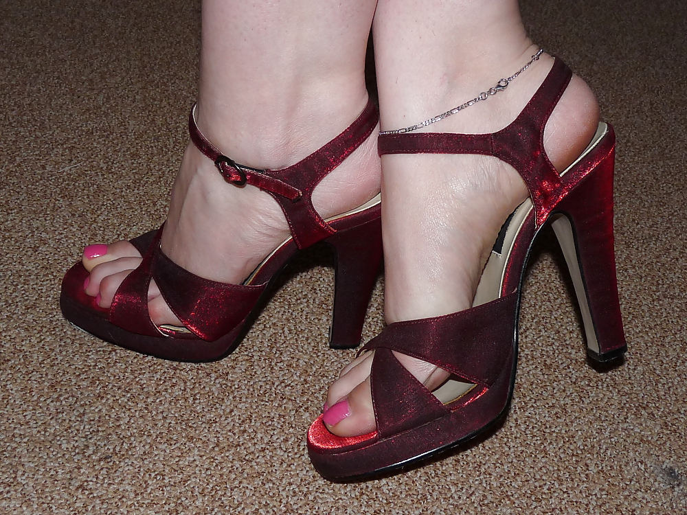 Wifes red satin sandals heels pink nails #18124974
