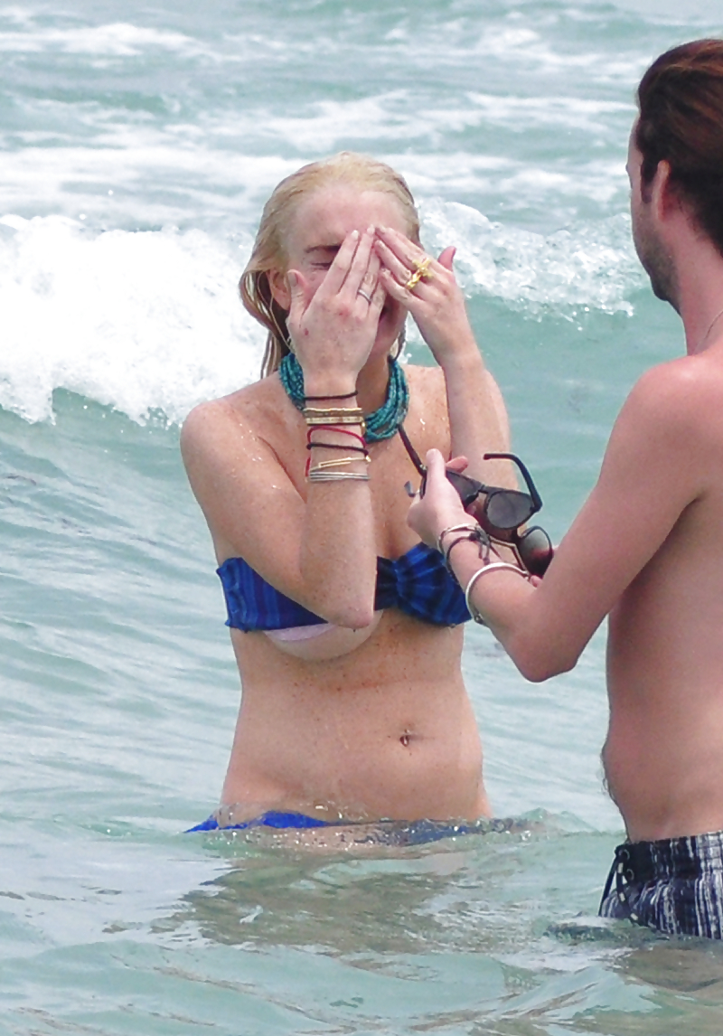 Lindsay Lohan In Bikini on Miami Beach BOOB Slip #3913457