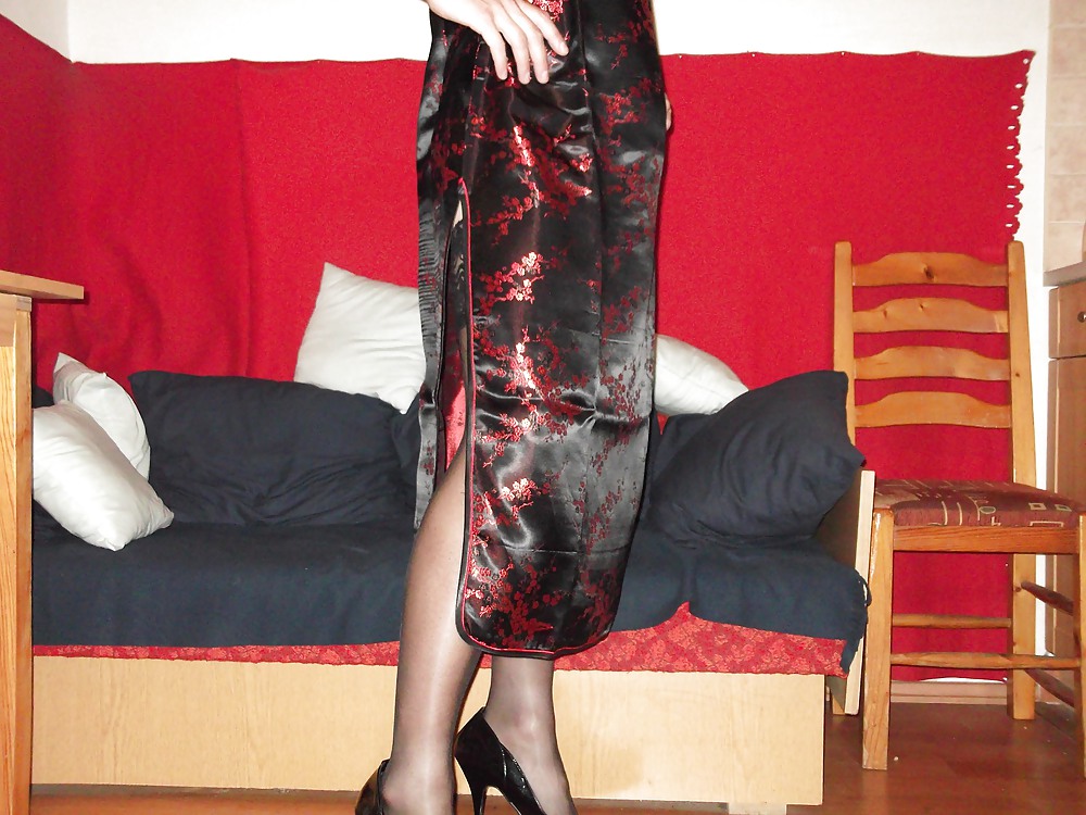 Black satin (silk) chinese dress - cheongsam (qipao)