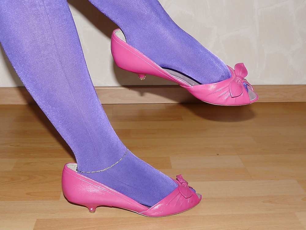 Esposas brillantes pantimedias púrpura rosa peep toes
 #15417070