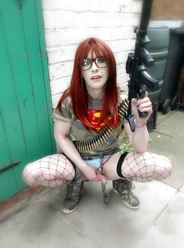 Tranny supersatin army girl gets her gun out (outdoor shots)
 #19200504