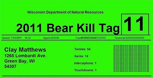 Bear kill tag for clay mathews #3946965
