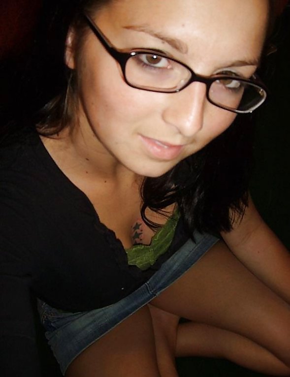 Brunette with glasses and jeans skirt #9547067