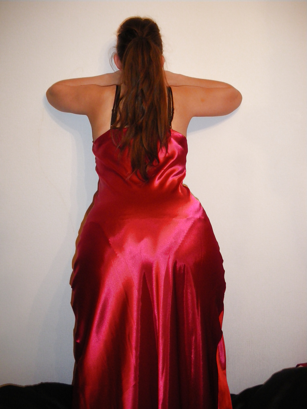 My new red satin nightdress, panties silky liquid  #5780631