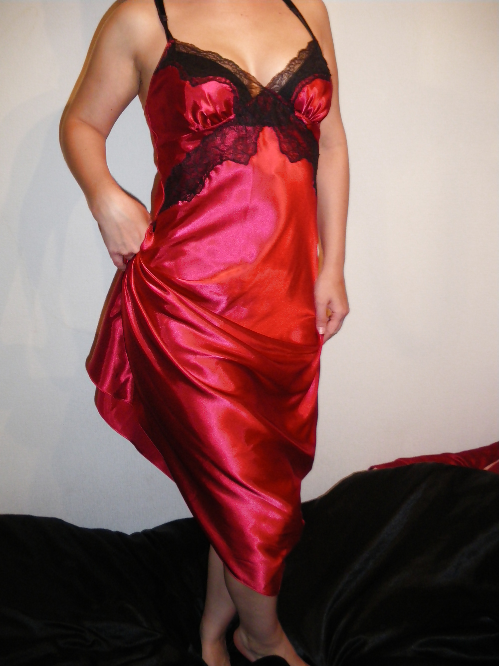 My new red satin nightdress, panties silky liquid  #5780646