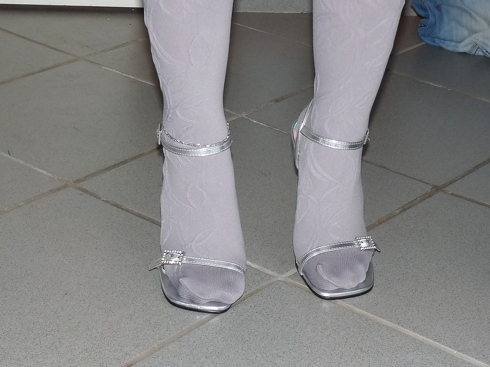 Wifes shiny silver sandals heels pantyhose #20092541