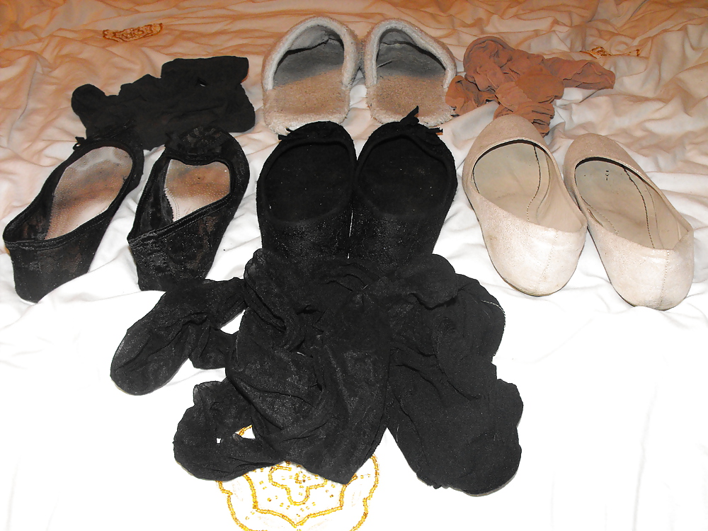 Em's very worn flats slippers and tights, Take a sniff!!! #7791805