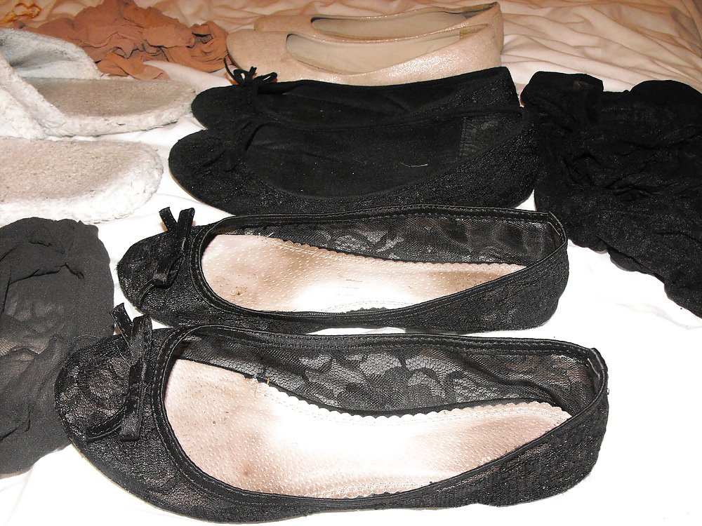 Em's very worn flats slippers and tights, Take a sniff!!! #7791823