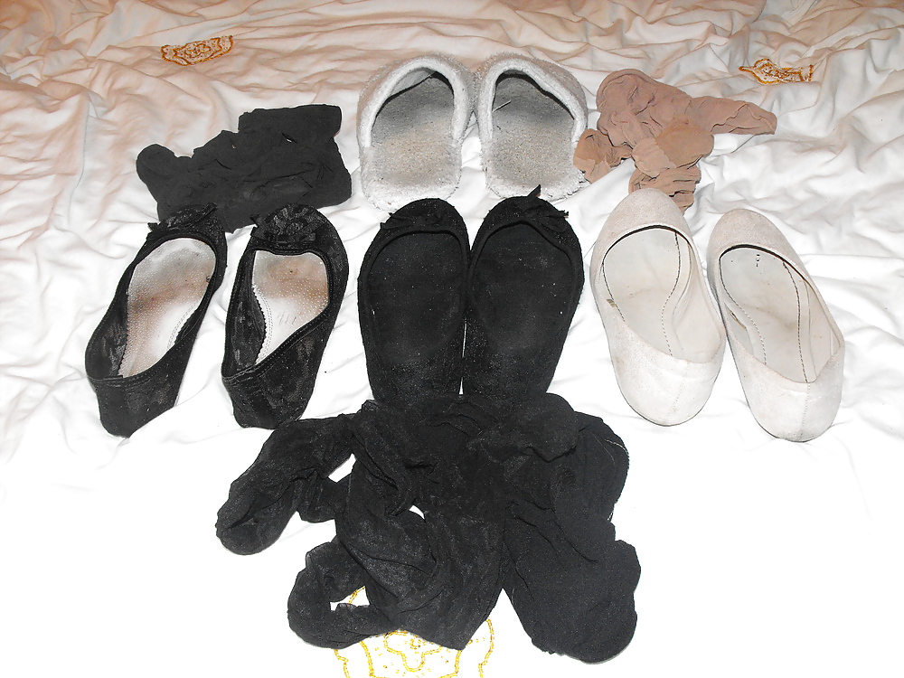 Em's very worn flats slippers and tights, Take a sniff!!! #7791880