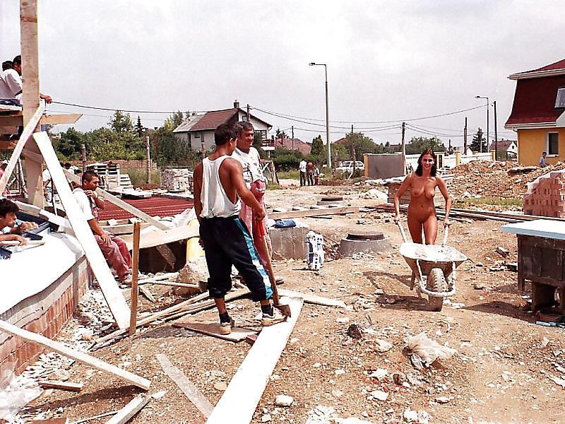 Naked brunette visiting a building site #15020090