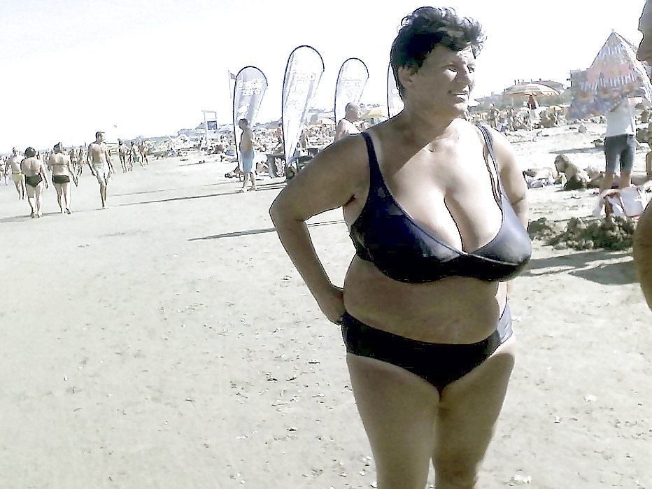 Busty granny on the beach! Mixed! #22261386