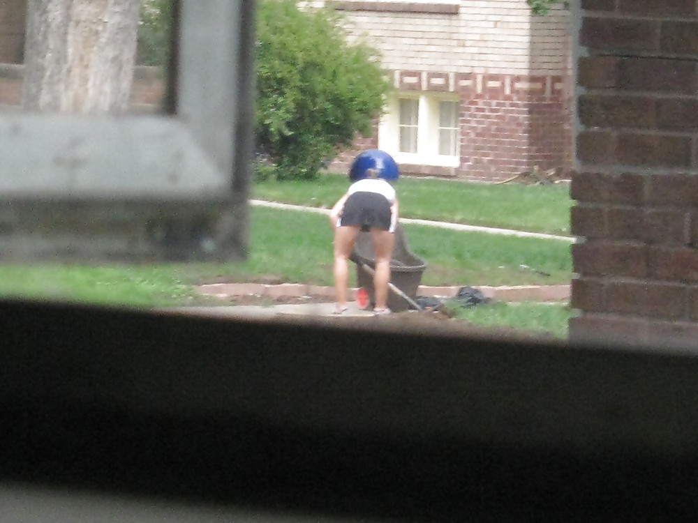 Neighbors showing off, doing yardwork in skirts (original) #4189630