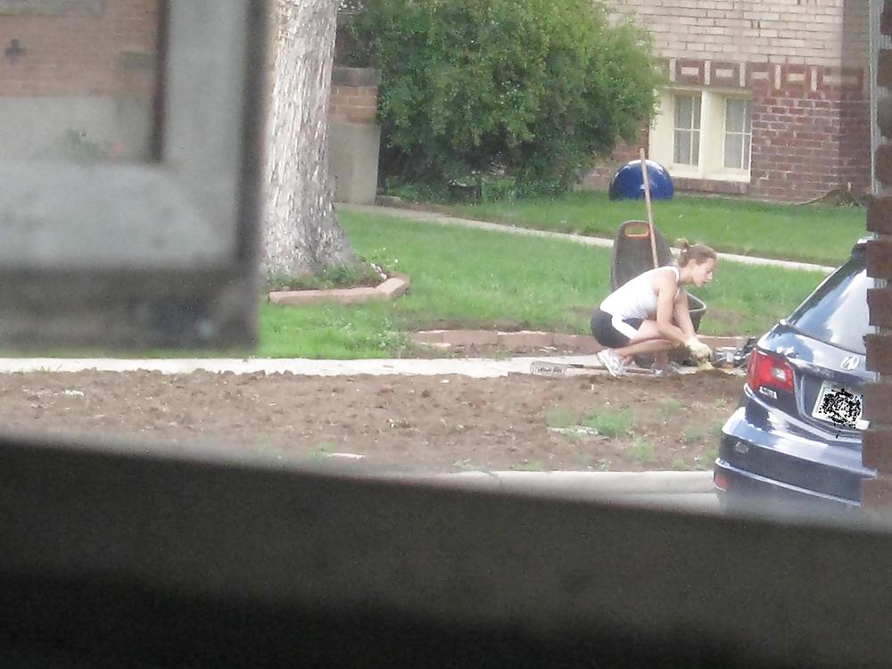 Neighbors showing off, doing yardwork in skirts (original) #4189639