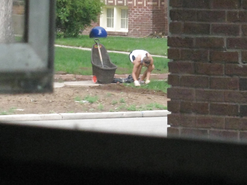 Neighbors showing off, doing yardwork in skirts (original) #4189665