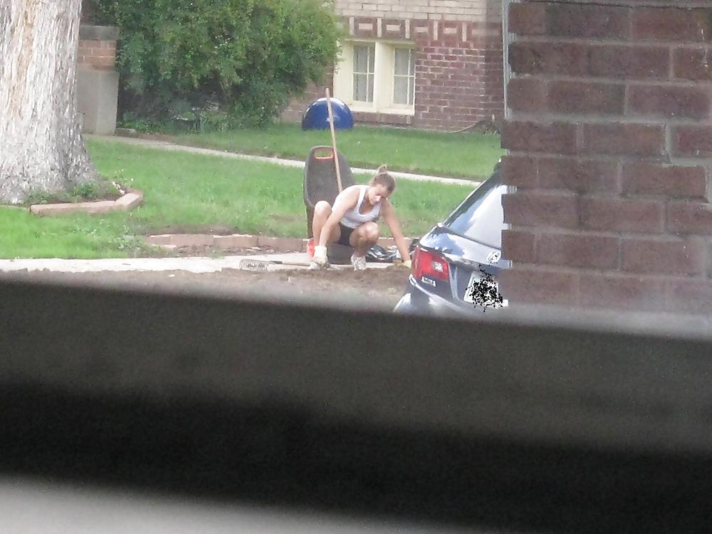 Neighbors showing off, doing yardwork in skirts (original) #4189683