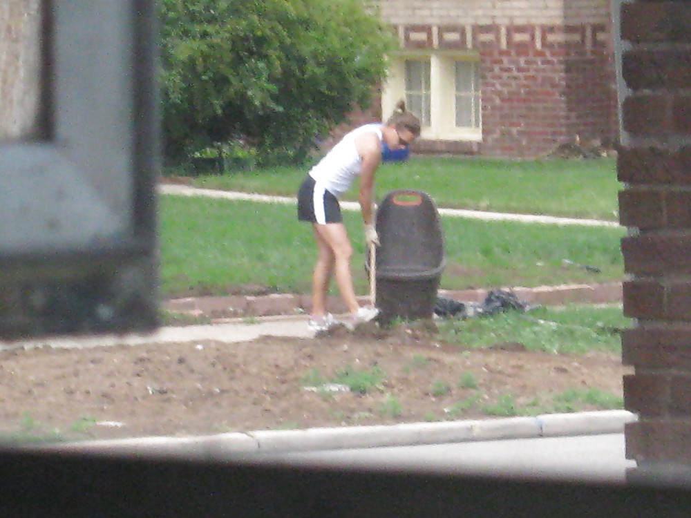 Neighbors showing off, doing yardwork in skirts (original) #4189693