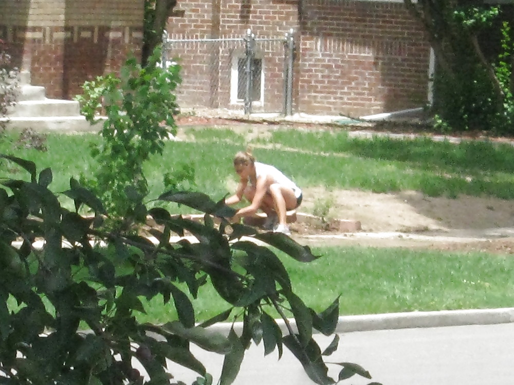 Neighbors showing off, doing yardwork in skirts (original) #4189704