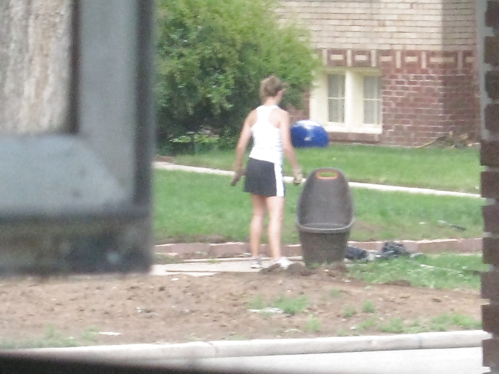 Neighbors showing off, doing yardwork in skirts (original) #4189748