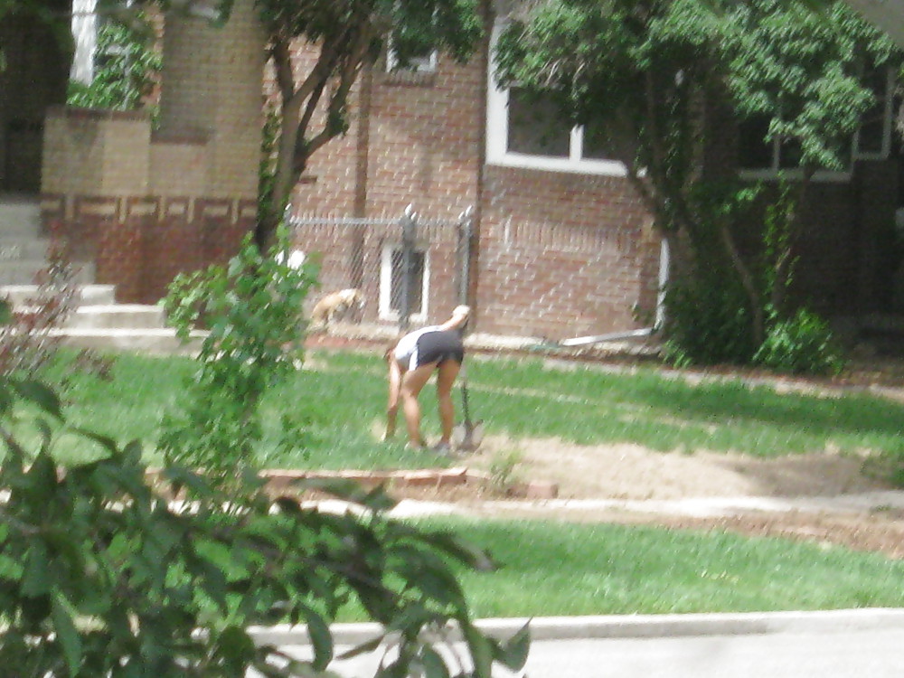 Neighbors showing off, doing yardwork in skirts (original) #4189758