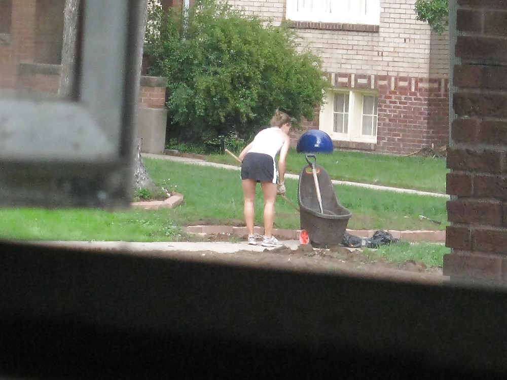 Neighbors showing off, doing yardwork in skirts (original) #4189789