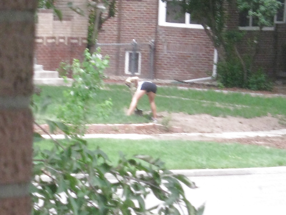 Neighbors showing off, doing yardwork in skirts (original) #4189806