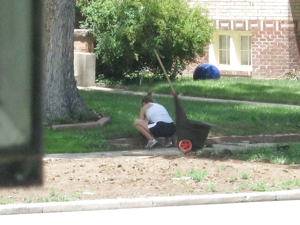 Neighbors showing off, doing yardwork in skirts (original) #4189814