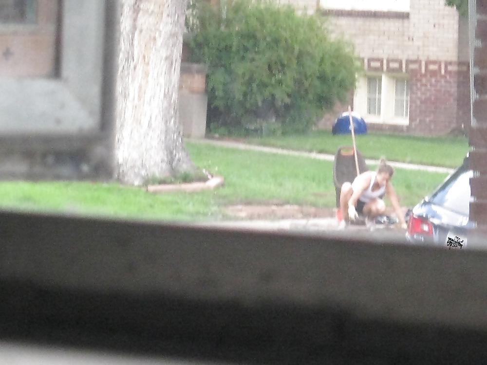 Neighbors showing off, doing yardwork in skirts (original) #4189828