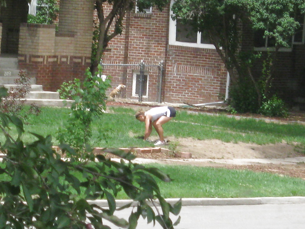 Neighbors showing off, doing yardwork in skirts (original) #4189845