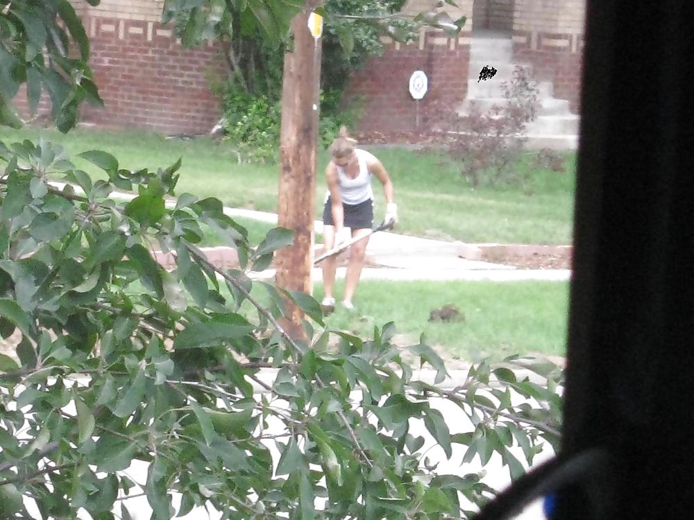 Neighbors showing off, doing yardwork in skirts (original) #4189852