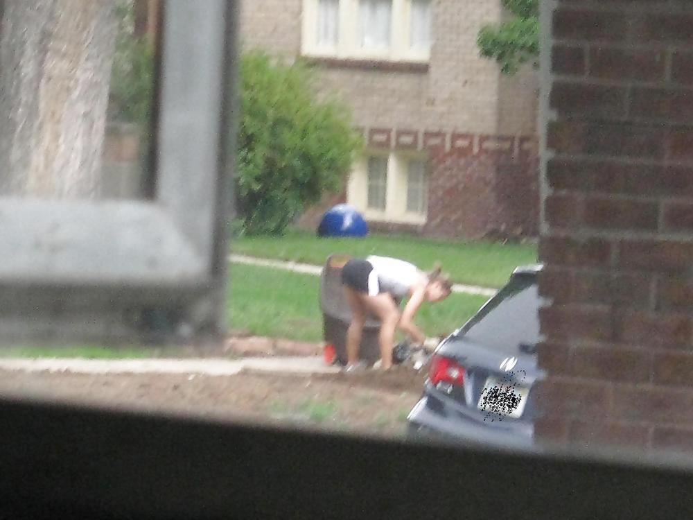 Neighbors showing off, doing yardwork in skirts (original) #4189857
