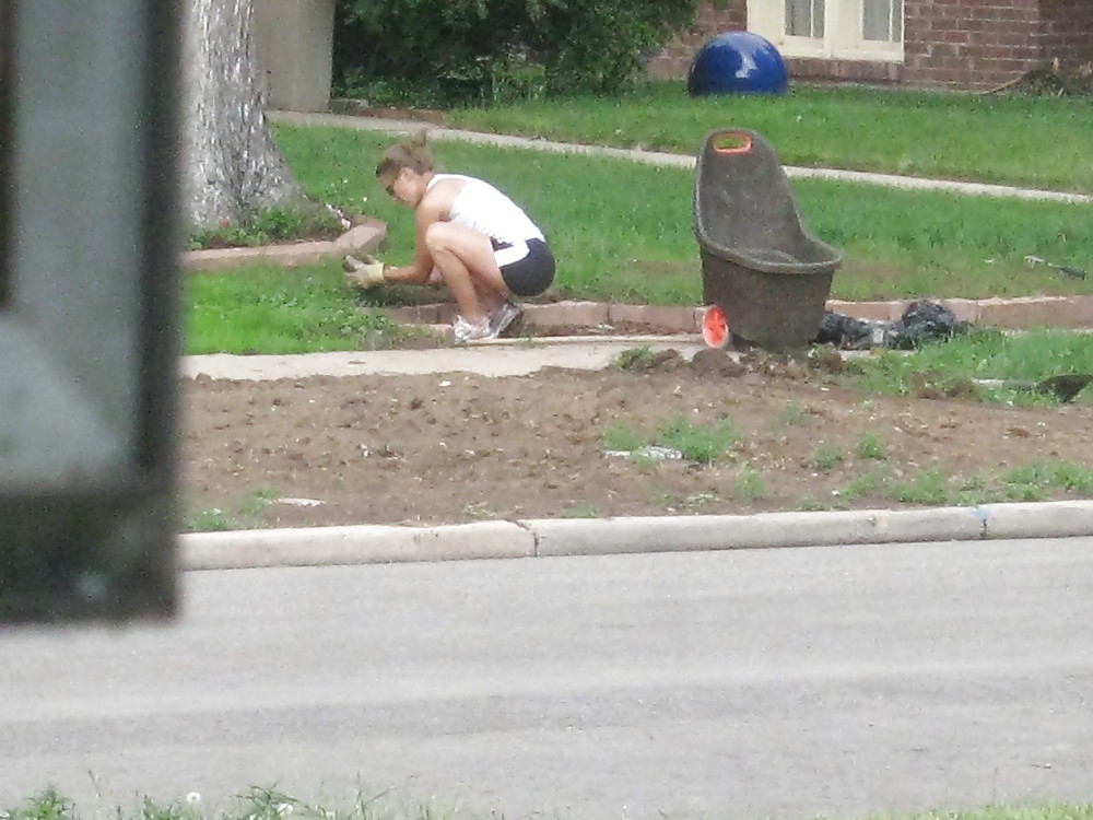 Neighbors showing off, doing yardwork in skirts (original) #4189866