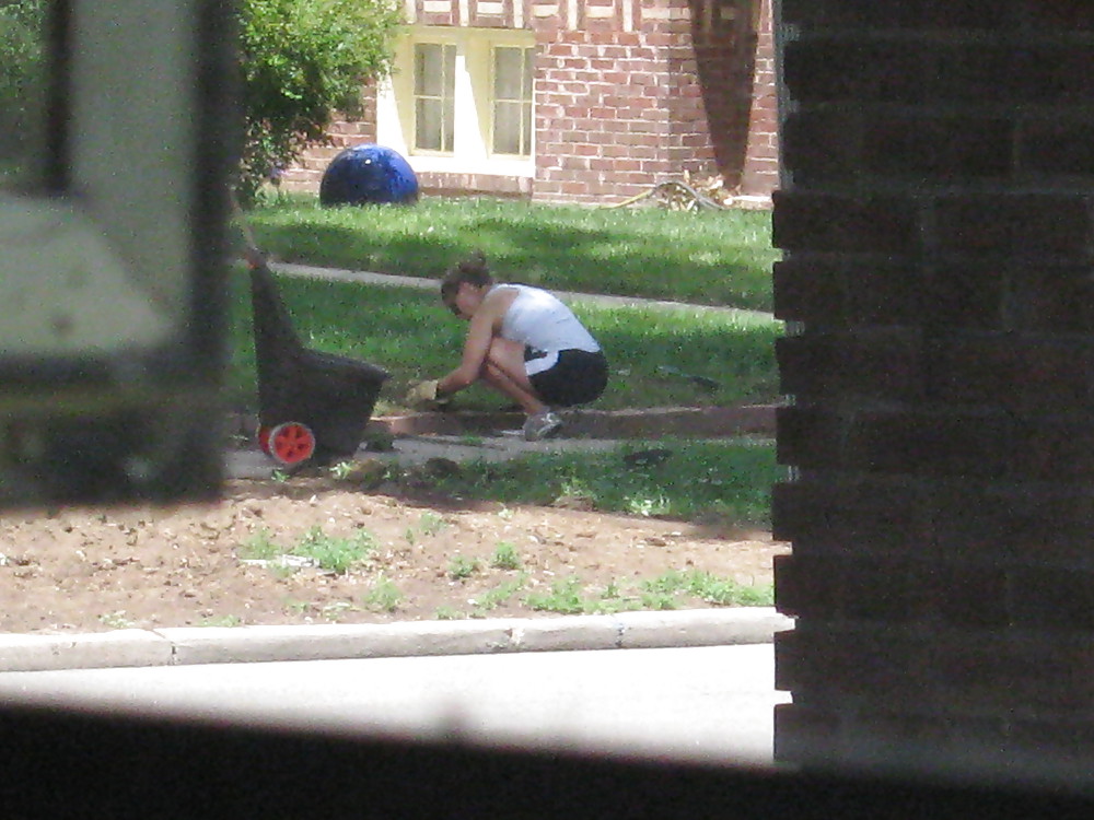 Neighbors showing off, doing yardwork in skirts (original) #4189893