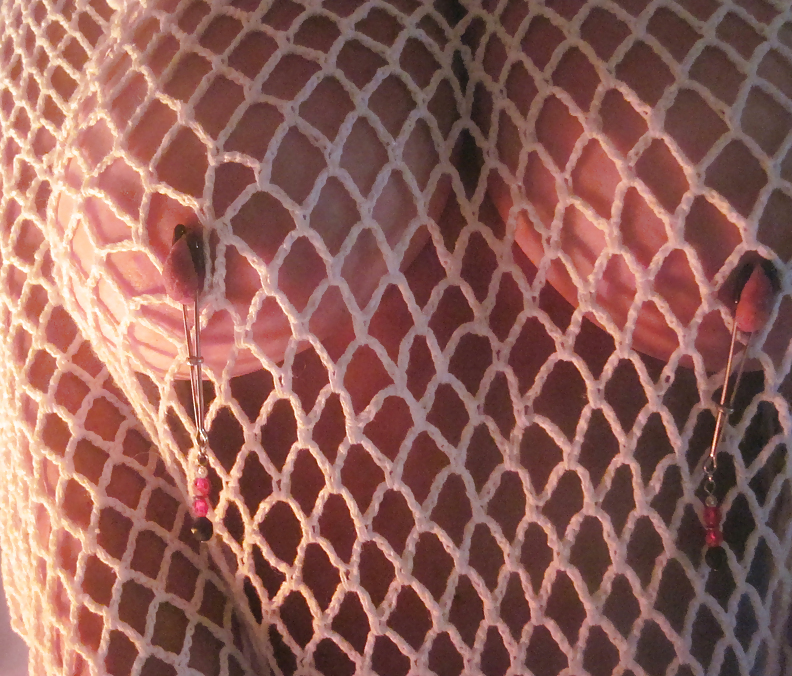 Nipple clamps and fishnet top