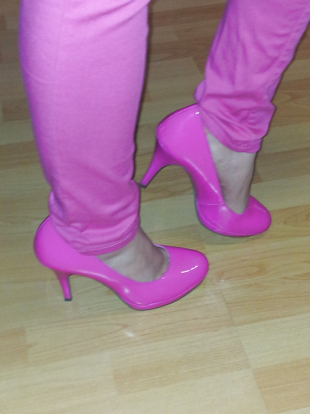 Wifes sexy pink pants lack patent shiny heels pumps shoes #17387714