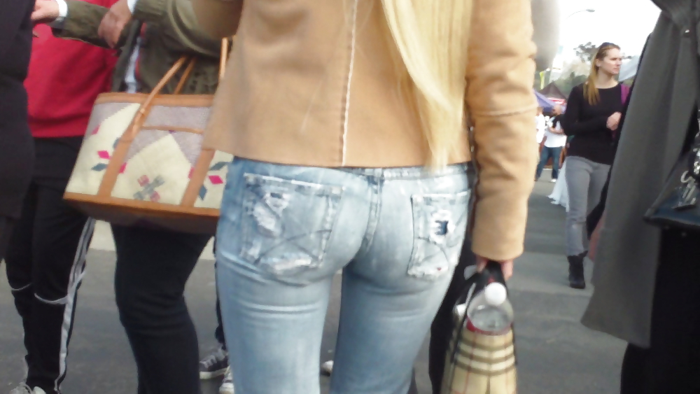 Blonde teen ass & butt in tight blue jeans #6486388