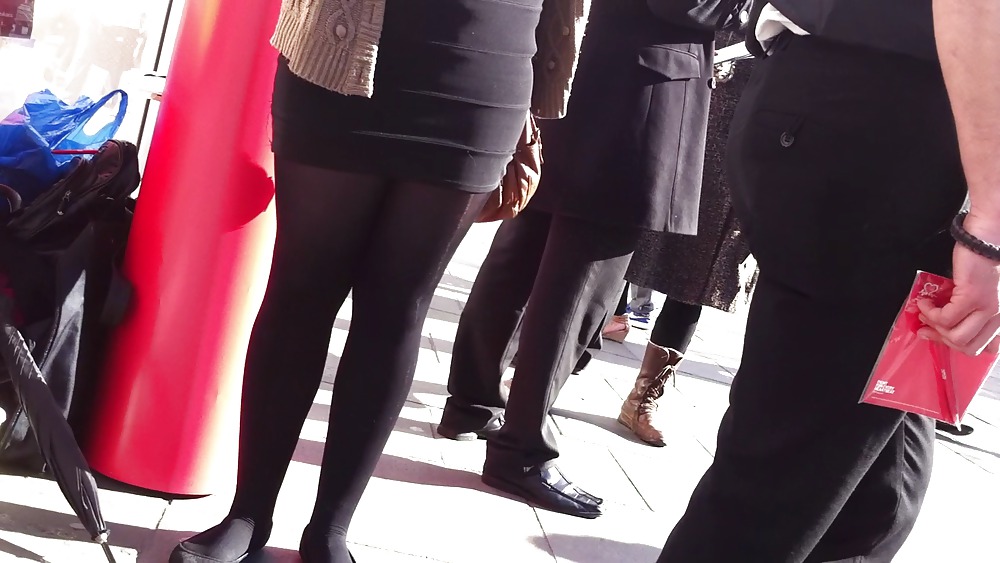 Street promo girl wearing shiny opaque tights #21214972