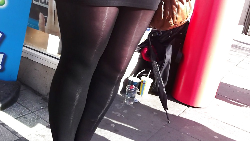 Street promo girl wearing shiny opaque tights #21215000