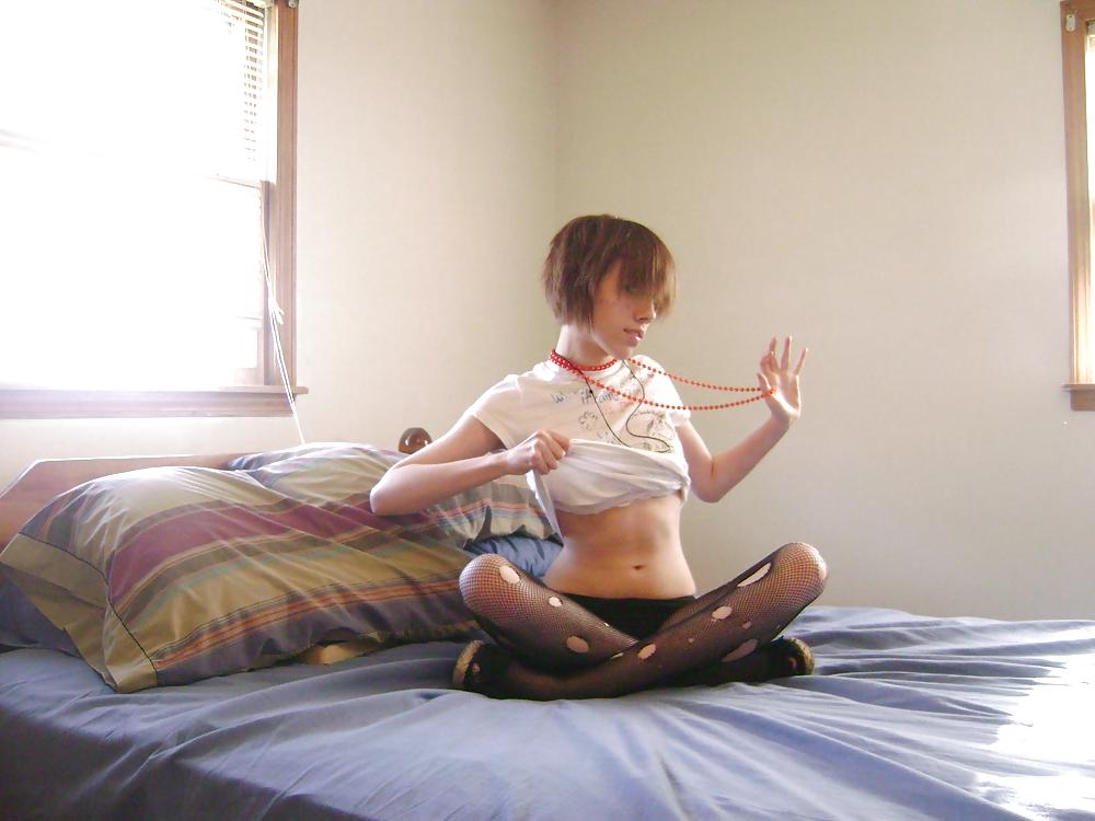 Short hair thin lady in fishnets #9861448