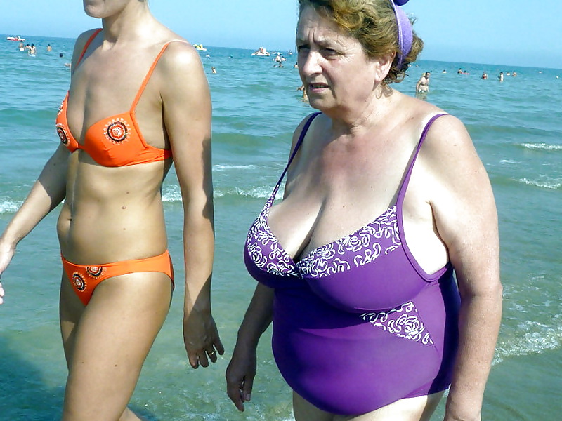 Busty granny on the beach! Mixed! #22290666