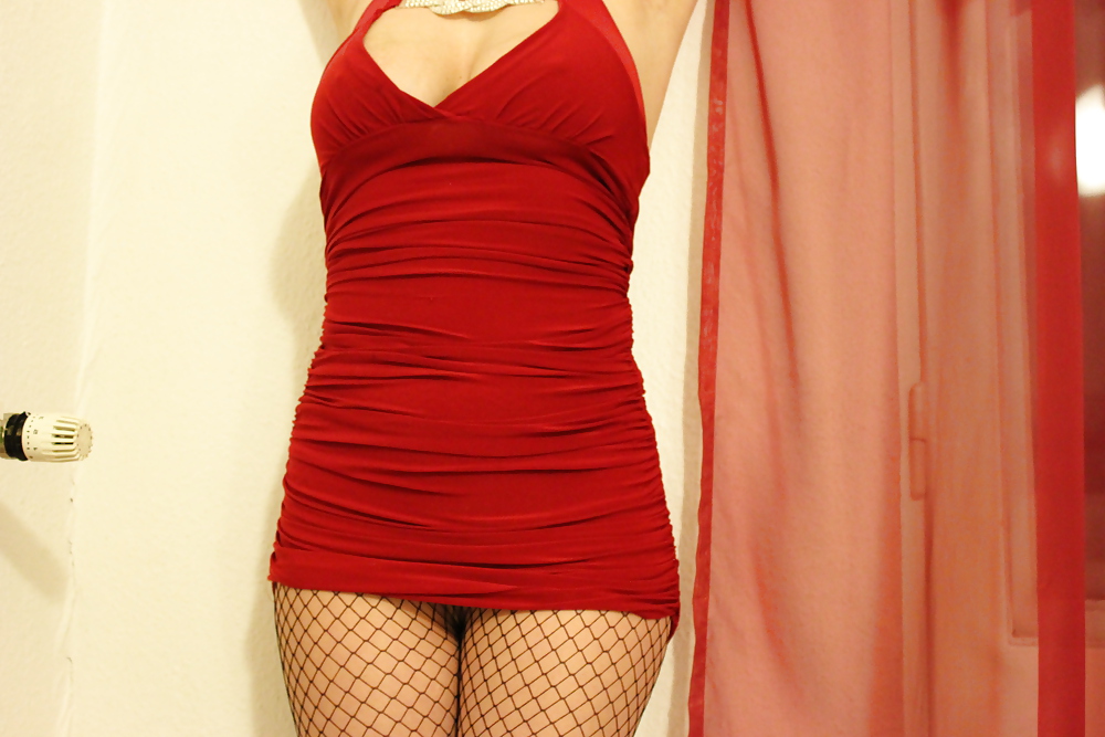 Milf in Red Dress and Fishnet Tights over sheer Pantyhose #16805548