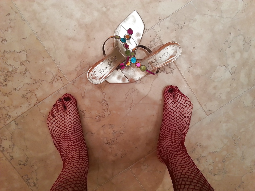 Wearing my mom's thong sandals and red fishnet #18660138