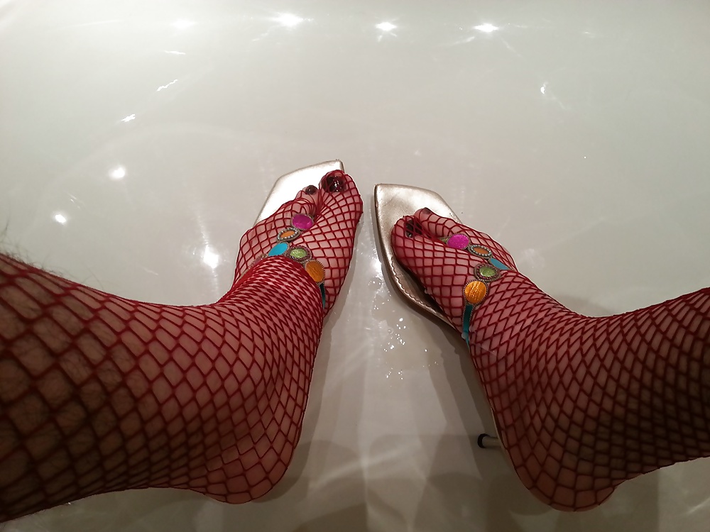 Wearing my mom's thong sandals and red fishnet #18660174