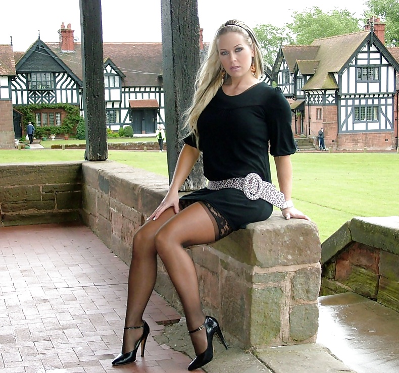Blonde Flashes her Sheer Black Hold Up Stockings Outside #9485099