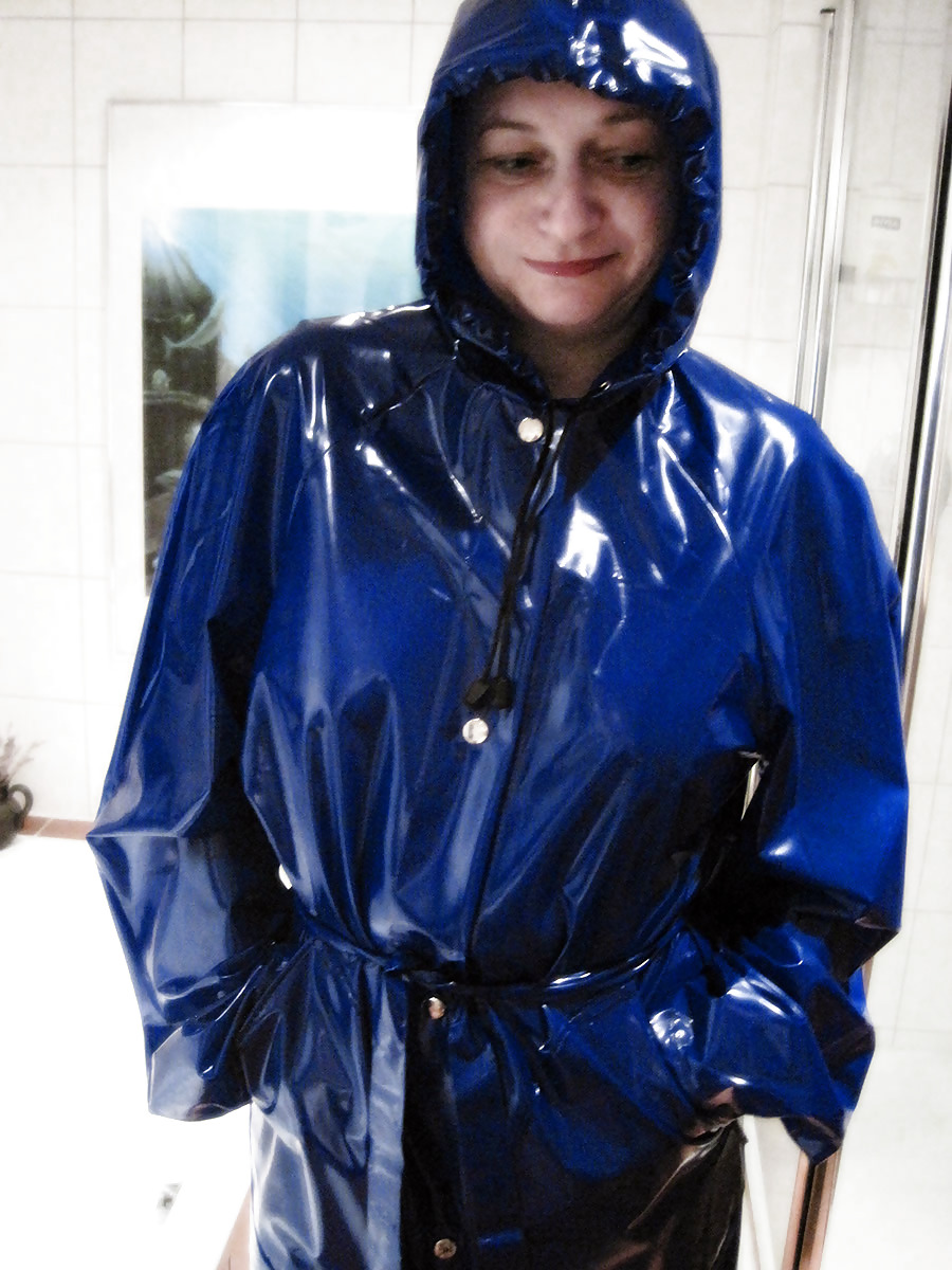 MILF wearing a blue PVC Raincoat #22787380