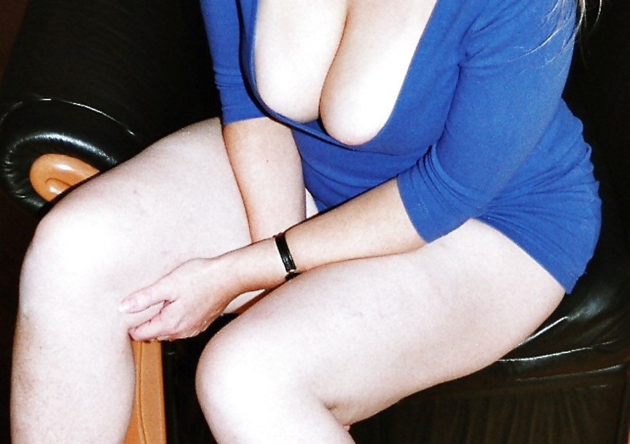 Sag - wife's boobs deep cleavage blue dress & pink pumps 19
 #15619747