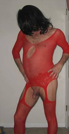 Sissy Slut Struts in Her Red Body Stocking #10166097