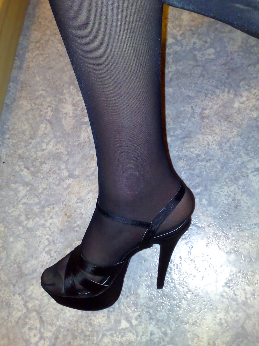 Silky black stockings & black high heels #135612