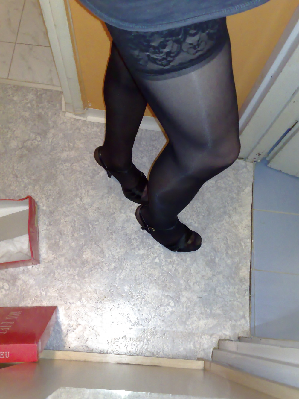 Silky black stockings & black high heels #135655